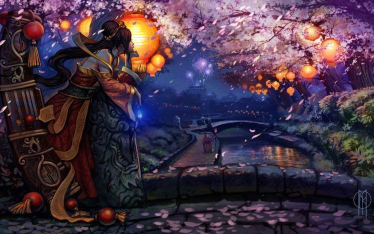 league, Of, Legends, Girl, Kimono, Bridge, Cherry, Blossom, Flashlights, Fantasy HD Wallpaper Desktop Background