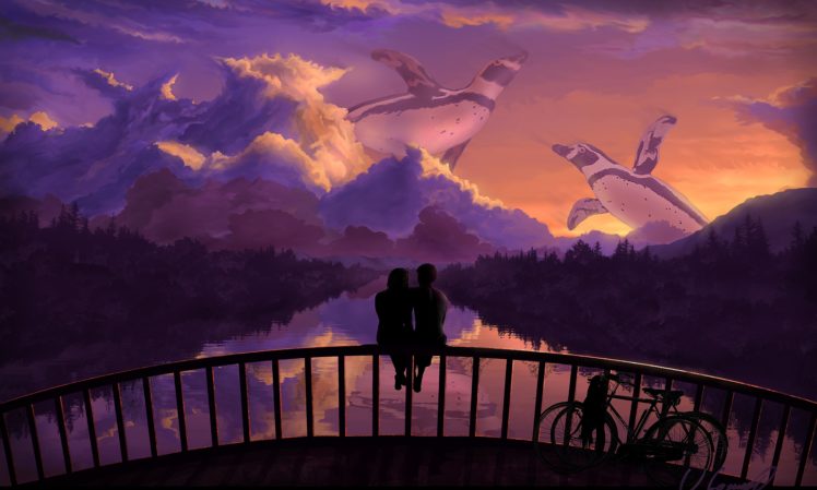 love, Bridges, Penguin, Bicycle, Fence, Sitting, Fantasy, Mood HD Wallpaper Desktop Background