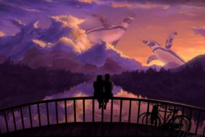 love, Bridges, Penguin, Bicycle, Fence, Sitting, Fantasy, Mood