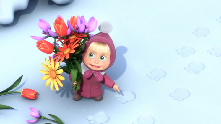 masha, And, The, Bear, Mary, Flowers, Snow, Footprints HD Wallpaper Desktop Background