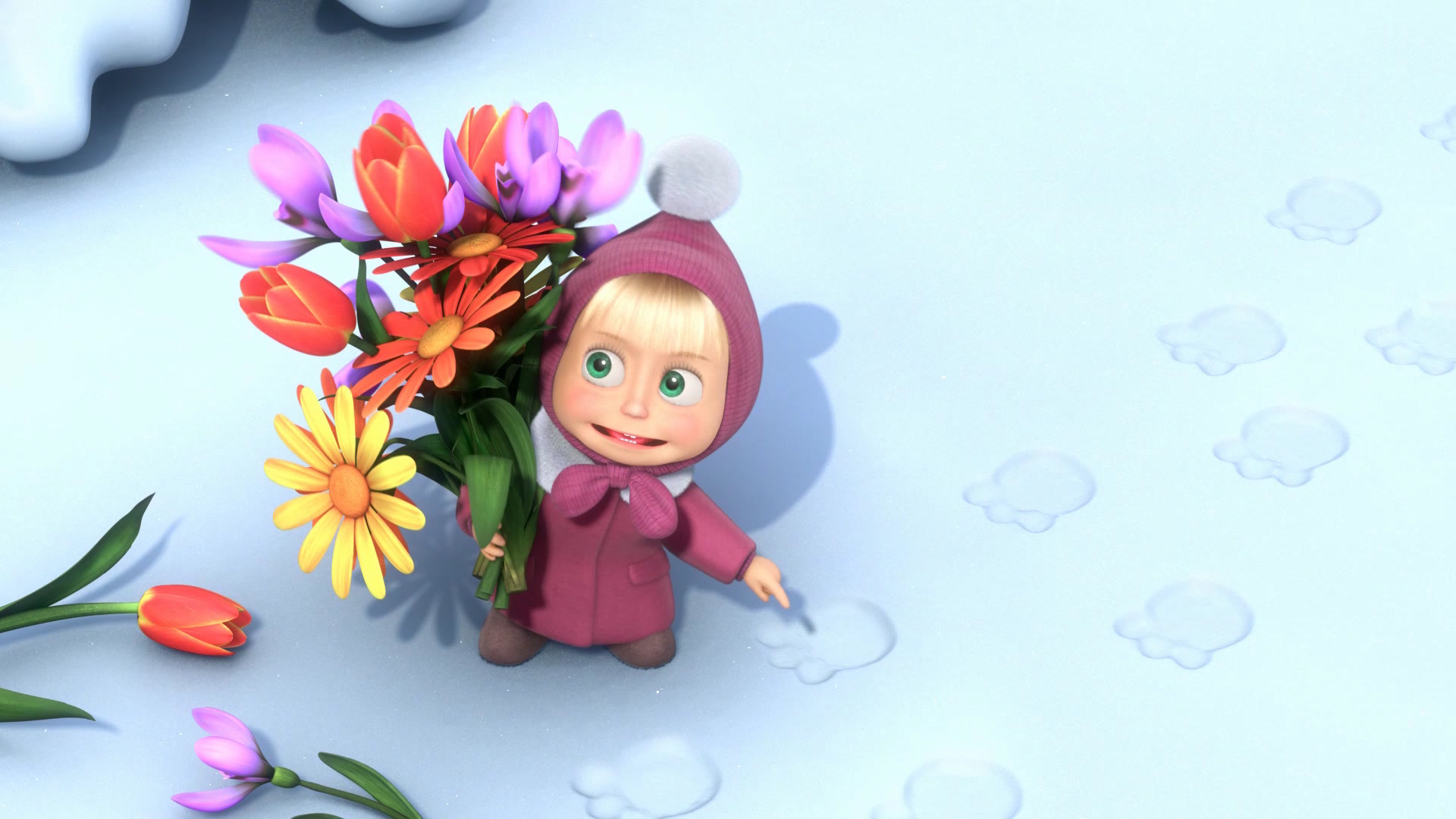 masha, And, The, Bear, Mary, Flowers, Snow, Footprints Wallpaper