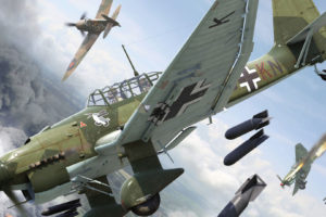 junkers, Ju 87, Piece, Laptezhnik, Lapotnikov, Sturzkampfflugzeug, Dive, Bomber, Attack, Supermarine, Spitfire, Dogfight, Bombs, Smoke, Fire, Military