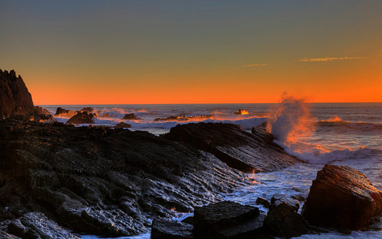 ocean, Rocks, Stones, Splash, Sunset, Waves HD Wallpaper Desktop Background