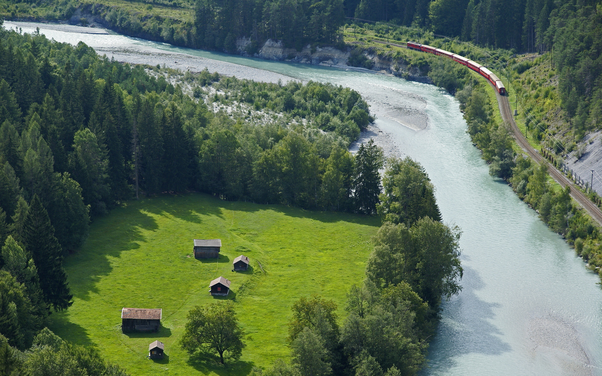 river, Meadow, Houses, Railroad, Trees, Landscape Wallpaper