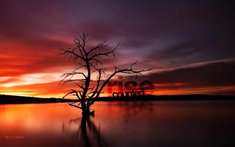 water, Sunrise, Landscapes, Silhouette, Typography, Dam, Australia, Lakes, Seascapes, Reflections, Photomanipulations HD Wallpaper Desktop Background