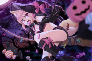 original, Animal, Ears, Boots, Bow, Candy, Cleavage, Elbow, Gloves, Halloween, Lollipop, Original, Paparins, Pink, Eyes, Pink, Hair, Pumpkin, Tail, Witch, Hat