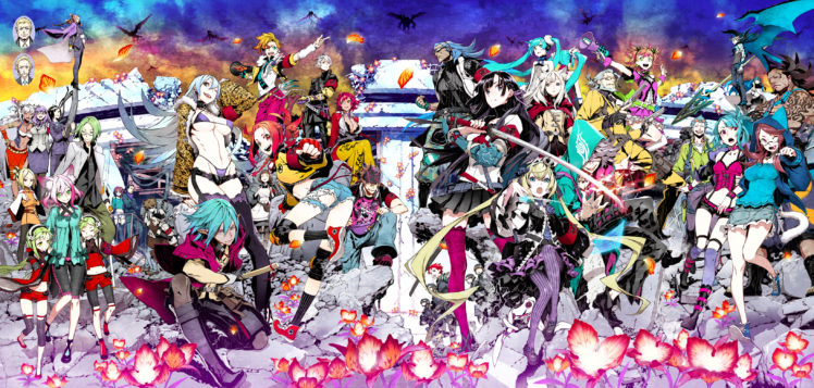 7th, Dragon, Group, Hatsune, Miku, Miwa, Shirow, Pointed, Ears, Skirt, Sword, Tagme, Thighhighs, Weapon HD Wallpaper Desktop Background