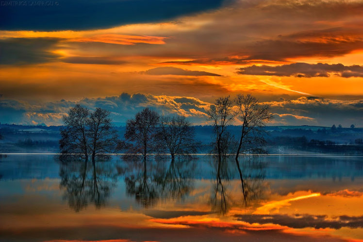landscape, Sunset, Sky, Clouds, Lake, Trees, Reflection, Greece HD Wallpaper Desktop Background