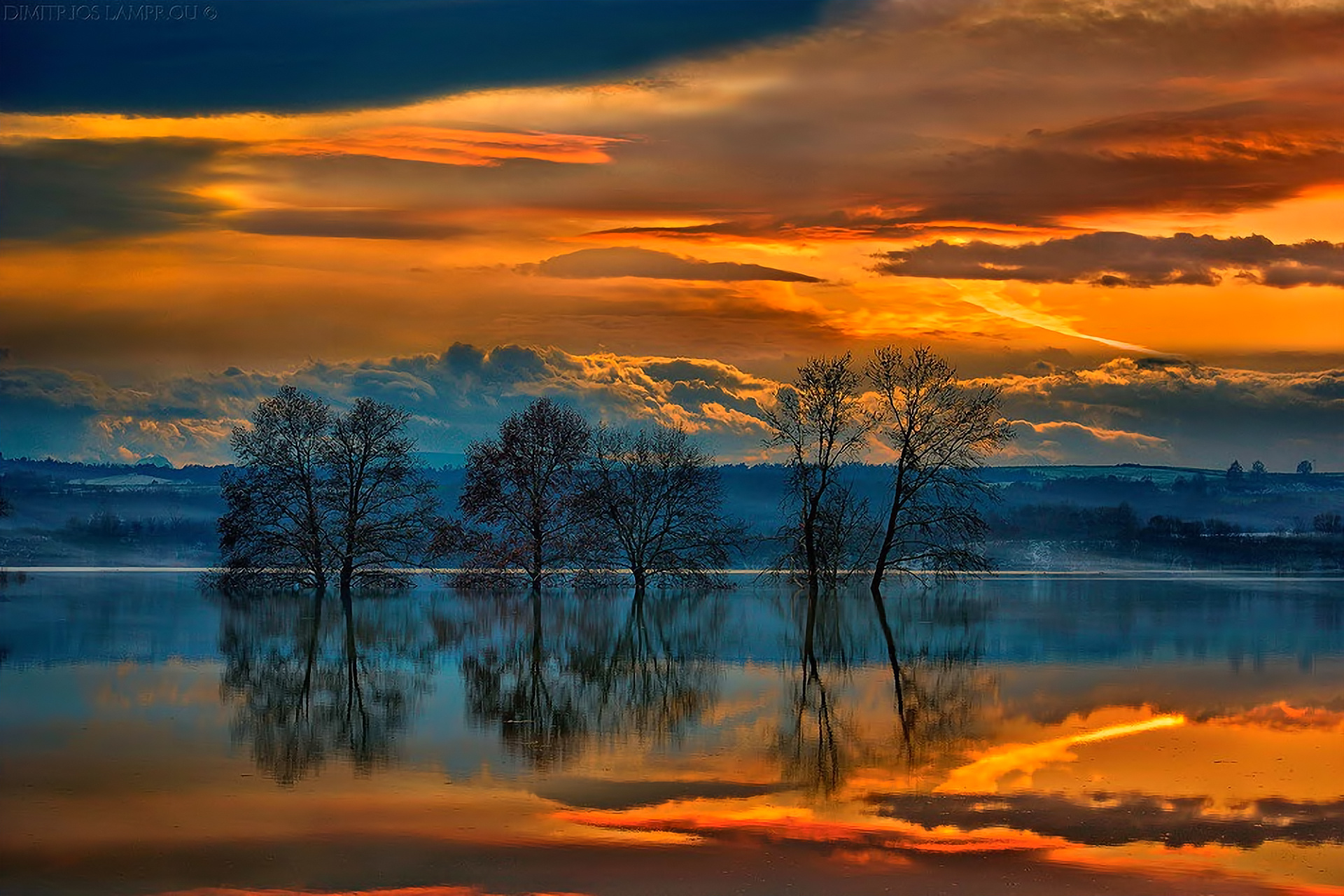 landscape, Sunset, Sky, Clouds, Lake, Trees, Reflection, Greece Wallpaper