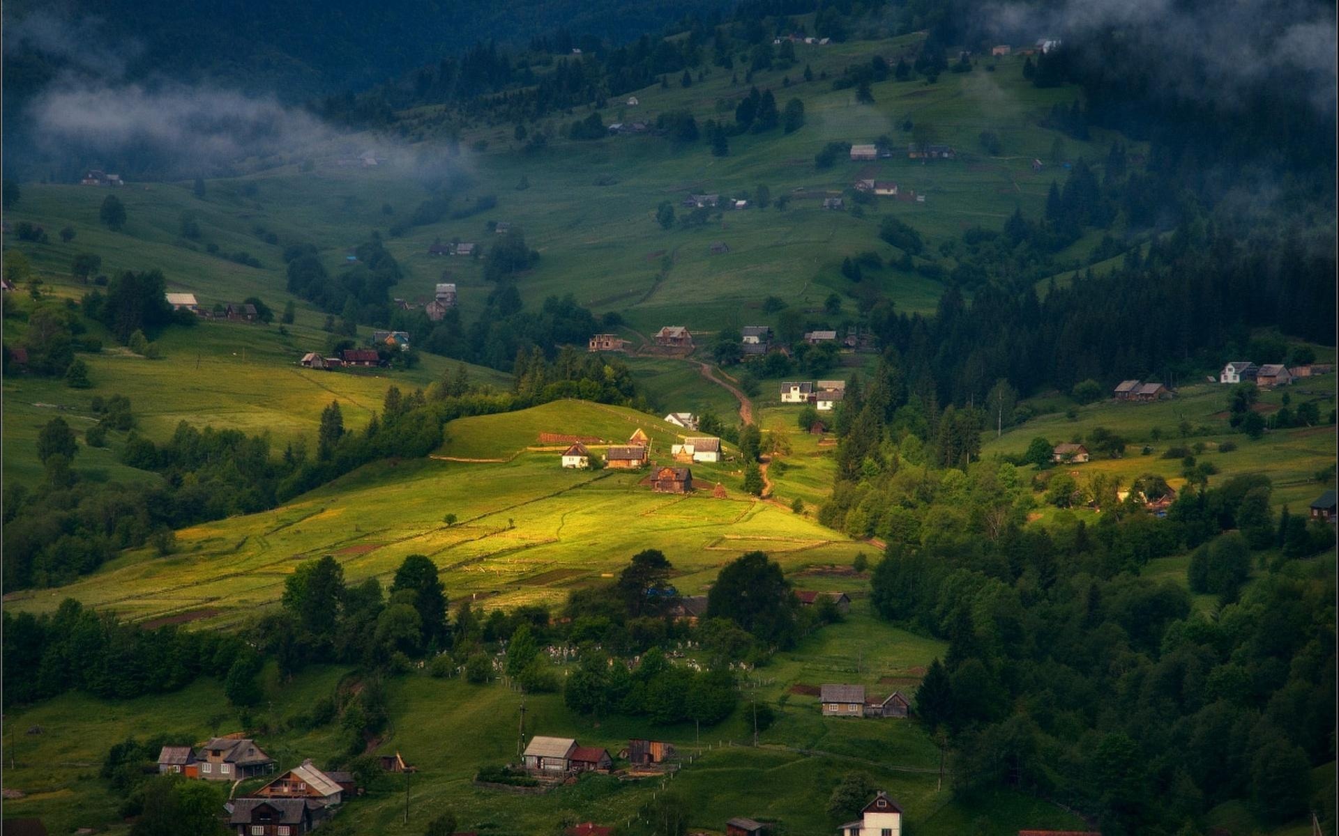 meadows, Houses, Trees Wallpaper