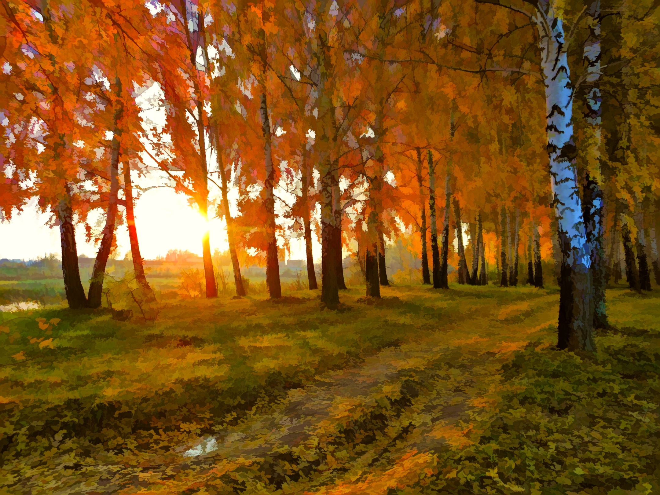 drawing, Beauty, Nature, Landscape, Autumn, Road, Birch, Sunset Wallpaper