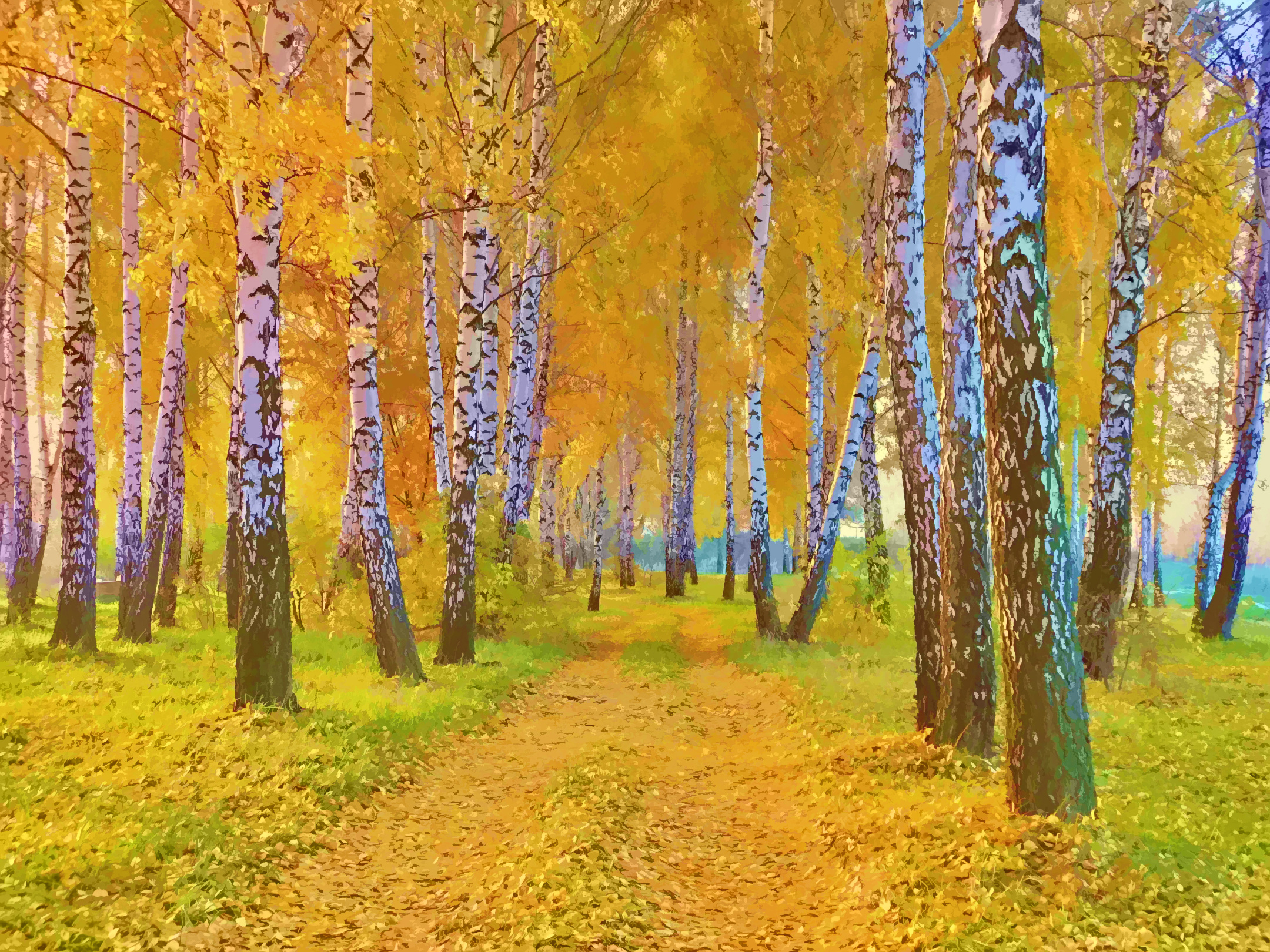 drawing, Nature, Landscape, Autumn, Road, Yellow, Leaves, And, Birch Wallpaper