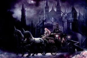 clouds, Landscapes, Touhou, Castles, Dark, Dress, Night, Flowers, Animals, Moon, Unicorn