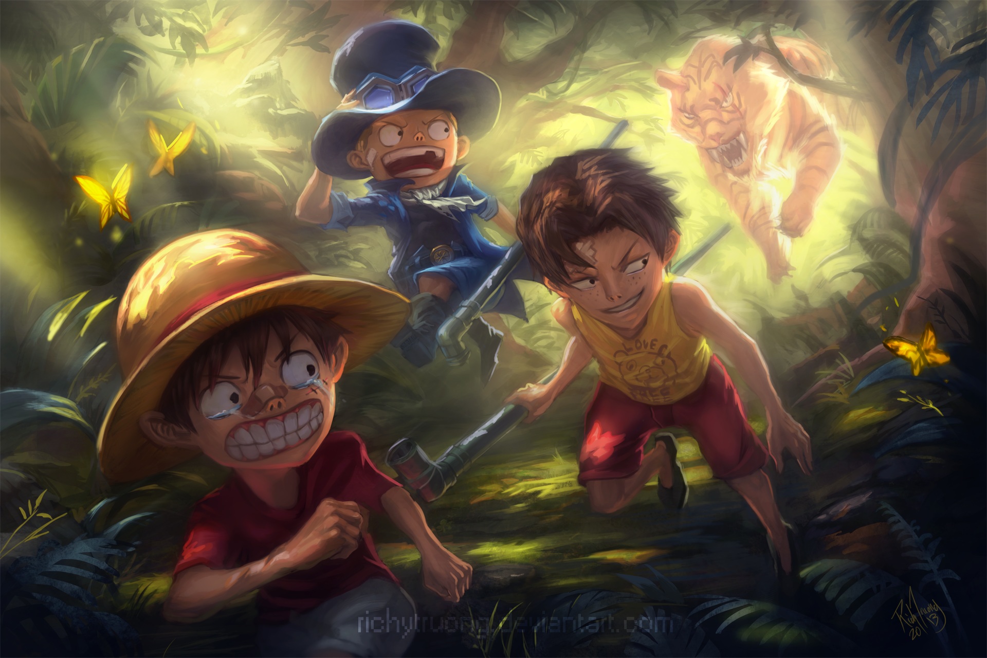 One Piece Animal Bandaid Black Hair Blonde Hair Butterfly Forest Goggles Hat One Piece Portgas D Ace Richy Truong Sabo Scarf Short Hair Tears Tiger Watermark Wallpapers Hd Desktop And Mobile