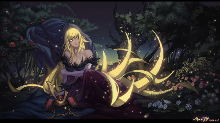 original, Blonde, Hair, Dress, Kissshot, Acerolaorion, Heartunderblade, Long, Hair, Madyy, Monogatari,  series , Night, Oshino, Shinobu, Signed, Tree, Yellow, Eyes HD Wallpaper Desktop Background