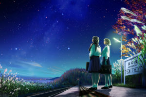 original, Girls, Brown, Hair, Forest, Grass, Kagaya, Landscape, Night, Original, Scenic, Seifuku, Sky, Stars, Tree