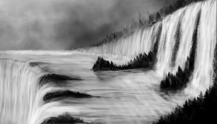 river, Forest, Waterfall, Art, Painting HD Wallpaper Desktop Background