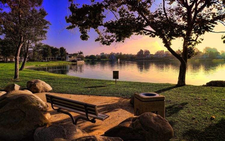 sunset, Landscapes, Nature, Trees, Bench, Lakes, Hdr, Photography, Parks HD Wallpaper Desktop Background