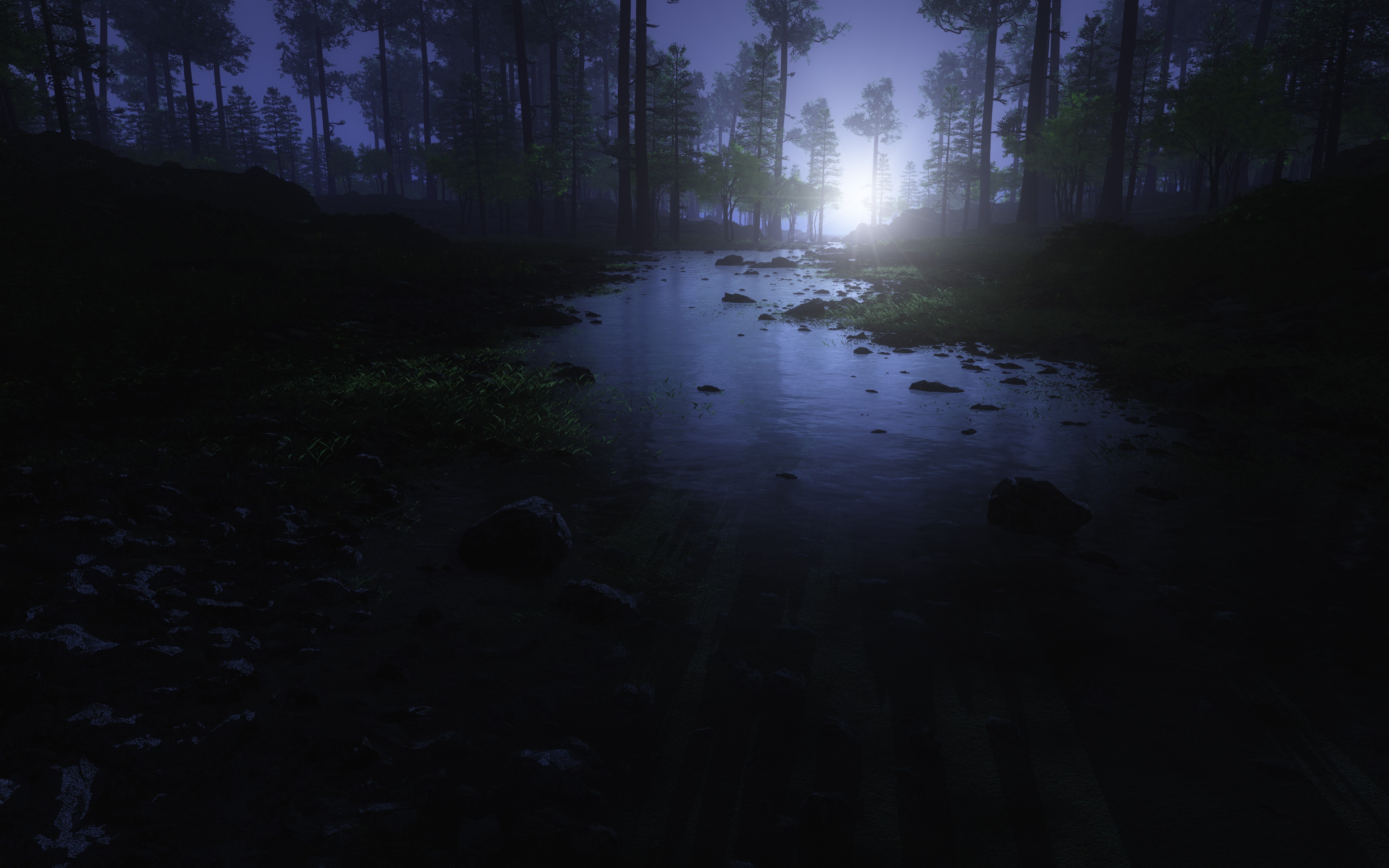 water, Sun, Trees, Forest, Digital, Art, Rivers Wallpaper