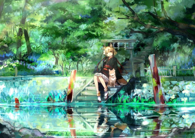 water, Dogs, Nekomimi, Animal, Ears, Anime, Lakes, Anime, Girls HD Wallpaper Desktop Background