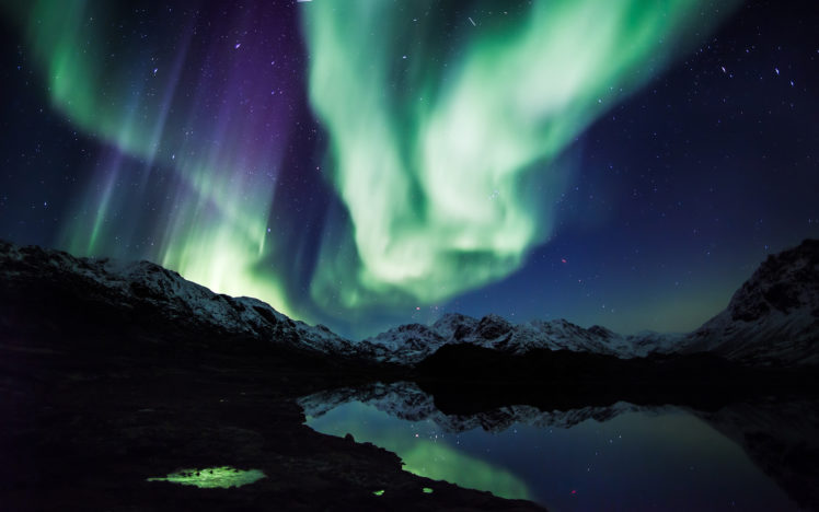 aurora, Borealis, Northern, Lights, Night, Green, Stars, Mountains, Landscape, Lake, Reflection HD Wallpaper Desktop Background