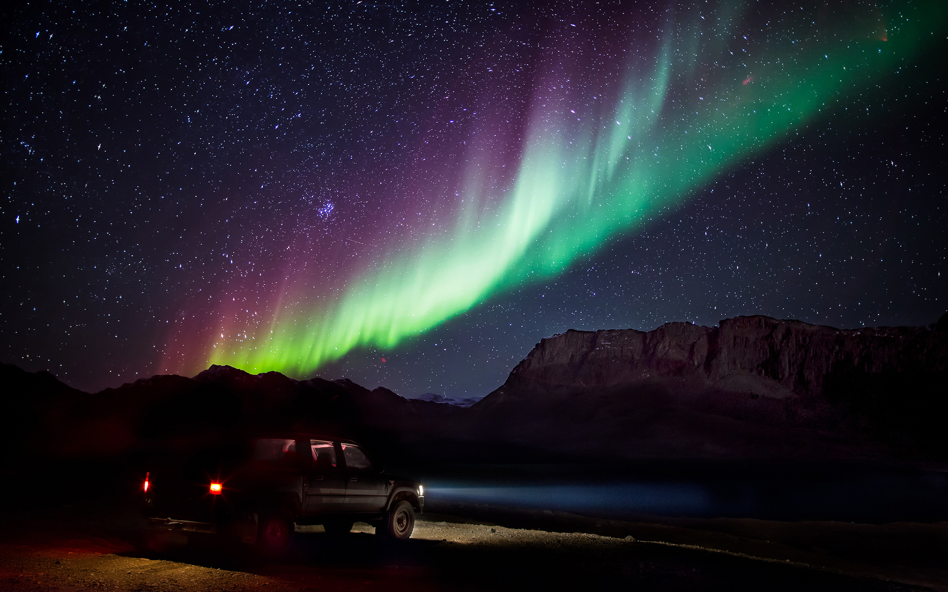 aurora, Borealis, Northern, Lights, Night, Truck, Stars Wallpaper