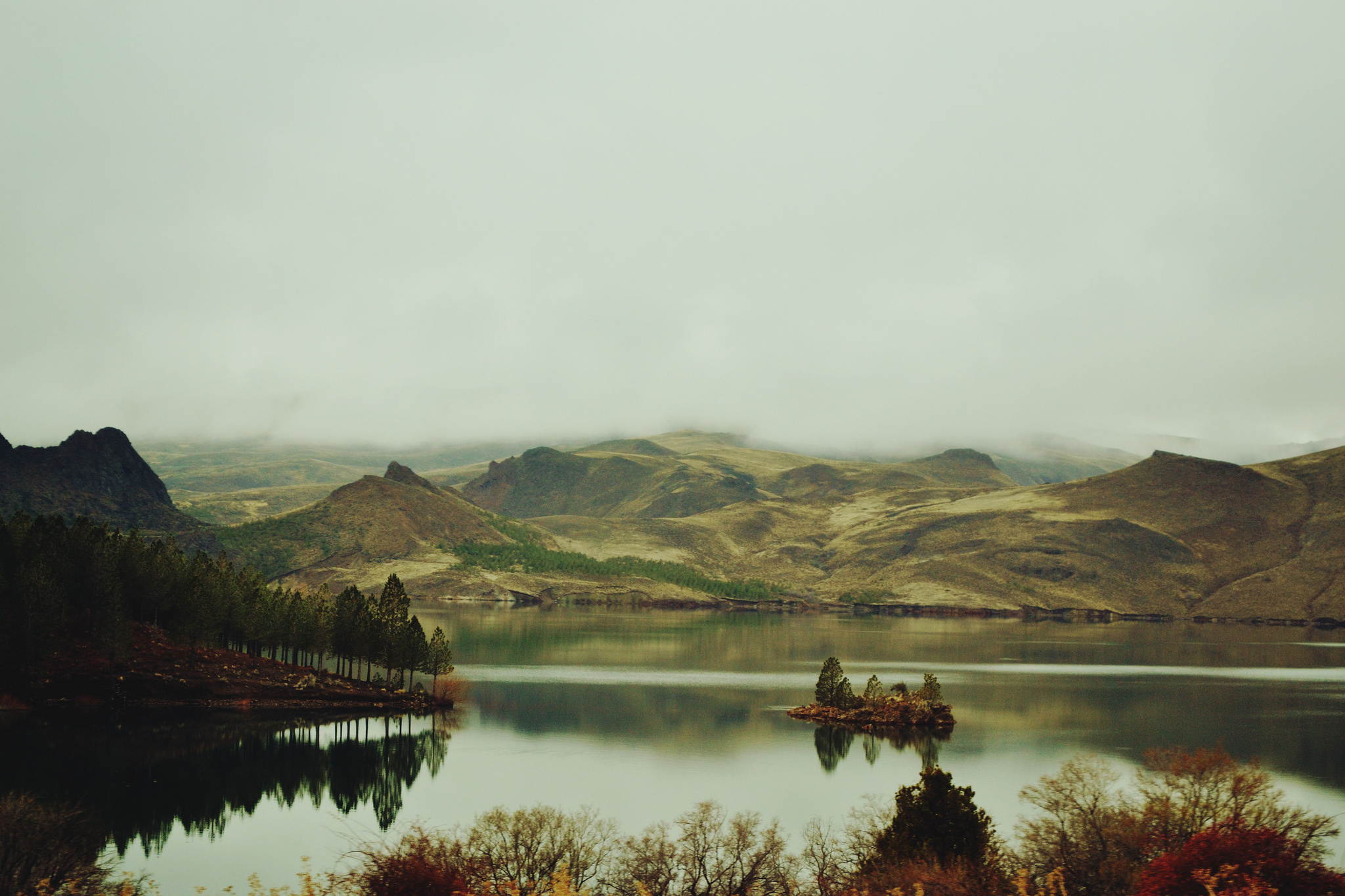 island, Mountains, Trees, Fog, Lake, Autumn Wallpaper