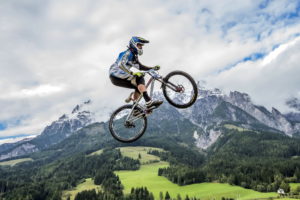 mountains, Bicycle, Jump, Sport, Nature