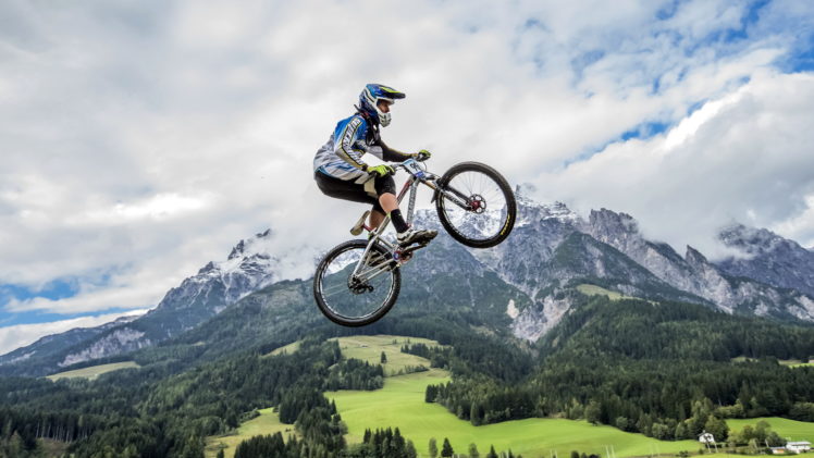mountains, Bicycle, Jump, Sport, Nature HD Wallpaper Desktop Background
