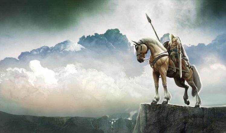 warrior, Horses, Spear, Clouds, Fantasy HD Wallpaper Desktop Background