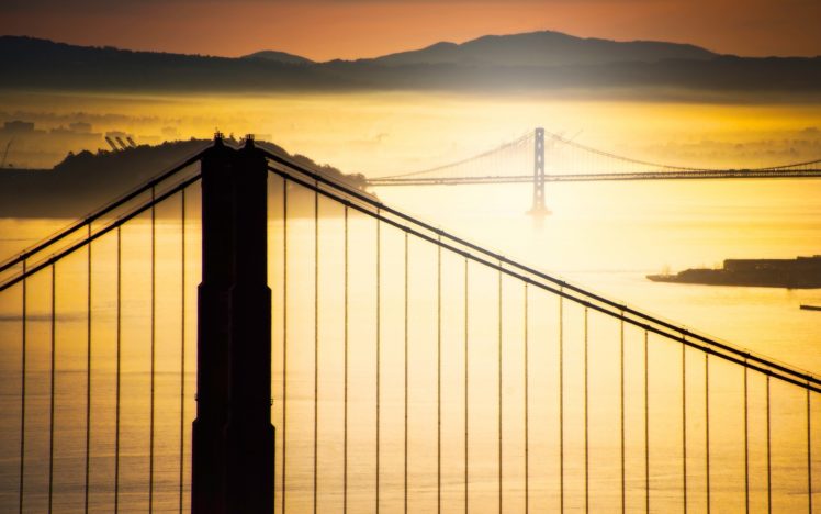 sunrise, Mountains, Architecture, Silhouette, Bridges, California, San, Francisco HD Wallpaper Desktop Background