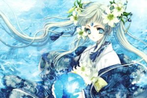 water, Blue, Flowers, Blue, Eyes, Long, Hair, Fantasy, Art, Goddess, Twintails, Jewelry, White, Hair, Japanese, Clothes, Anime, Girls