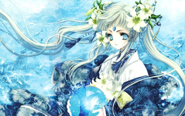 water, Blue, Flowers, Blue, Eyes, Long, Hair, Fantasy, Art, Goddess, Twintails, Jewelry, White, Hair, Japanese, Clothes, Anime, Girls HD Wallpaper Desktop Background