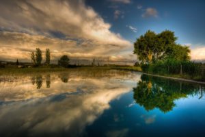 water, Clouds, Landscapes, Trees, Reflections