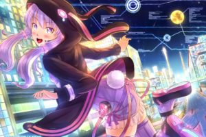tails, Cityscapes, Vocaloid, Night, Stars, Texts, Moon, Headset, Jumping, Buildings, Bunny, Girls, Purple, Hair, Animal, Ears, Thigh, Highs, Twintails, Smiling, Blush, Hoodie, Open, Mouth, Bunny, Ears, Purple, Dr