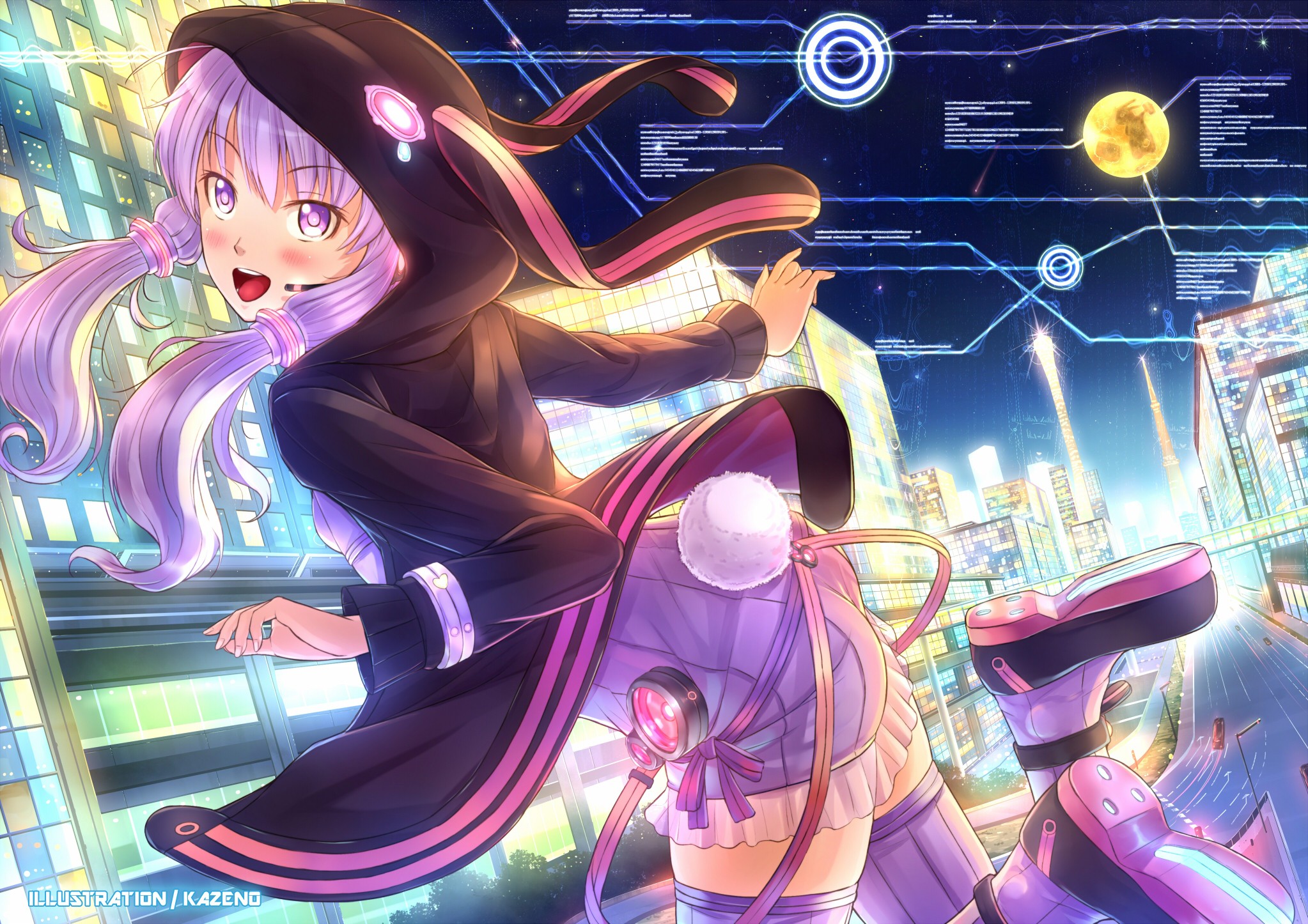 tails, Cityscapes, Vocaloid, Night, Stars, Texts, Moon, Headset, Jumping, Buildings, Bunny, Girls, Purple, Hair, Animal, Ears, Thigh, Highs, Twintails, Smiling, Blush, Hoodie, Open, Mouth, Bunny, Ears, Purple, Dr Wallpaper