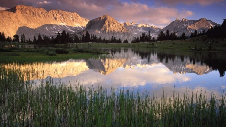 mountains, Landscapes, Nature, Lakes, Reflections, Reeds HD Wallpaper Desktop Background