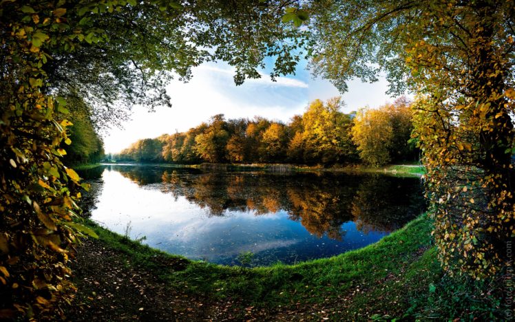 landscapes, Trees, Autumn,  season , Leaves, Pond, Frames, Lakes HD Wallpaper Desktop Background