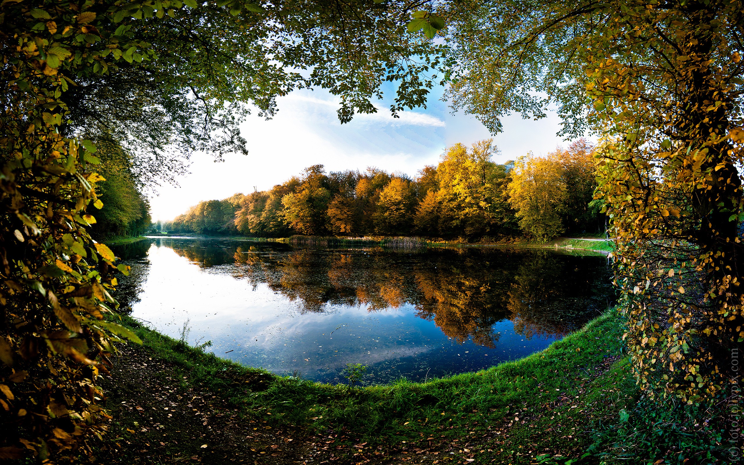 landscapes, Trees, Autumn,  season , Leaves, Pond, Frames, Lakes Wallpaper