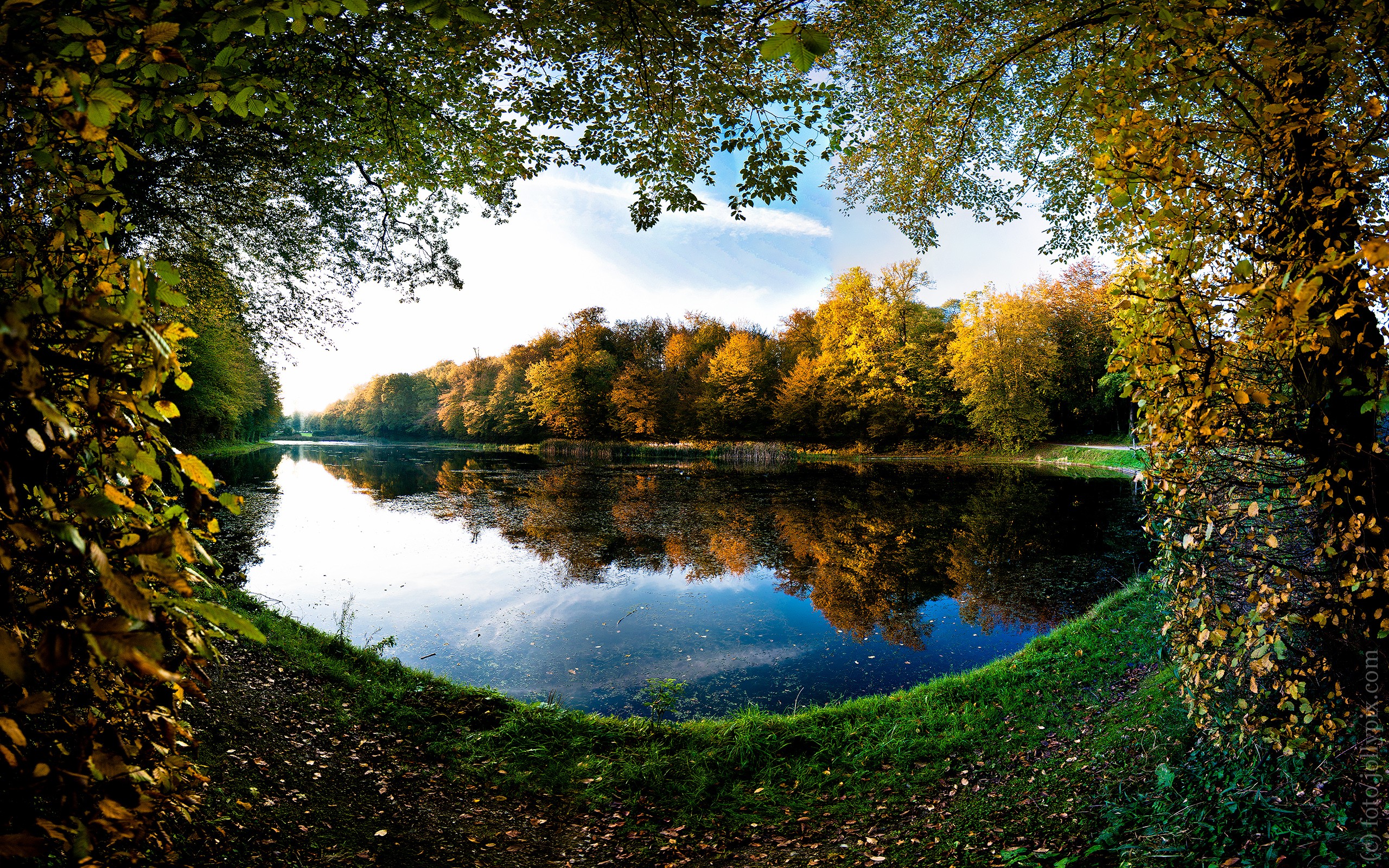 landscapes, Trees, Autumn,  season , Leaves, Pond, Frames, Lakes Wallpaper