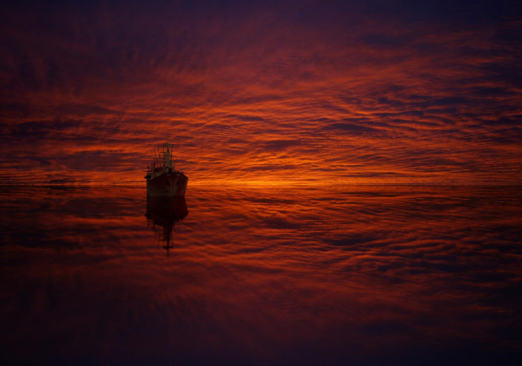sea, Reflection, Clouds, Ship, Ocean, Psychedelic HD Wallpaper Desktop Background