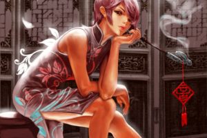brunettes, Smoking, Vocaloid, Room, Brown, Eyes, Short, Hair, Sitting, Pipes, Chinese, Dress, Classy, Meiko, Anime, Girls, Chinese, Clothes
