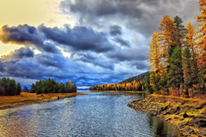 autumn, Forest, River, Clouds, Morning, Dawn