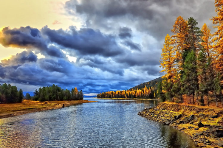 autumn, Forest, River, Clouds, Morning, Dawn HD Wallpaper Desktop Background