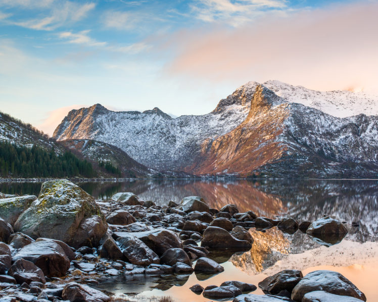 mountain, Lake, Rocks, Landscape, Reflection, Winter, Snow HD Wallpaper Desktop Background