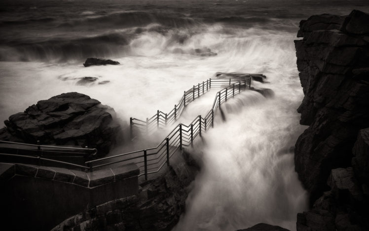 path, Trail, Bw, Ocean, Timelapse, Rocks, Stones HD Wallpaper Desktop Background