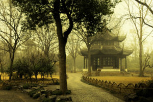 trees, Architecture, Fog, Mist, Asia, Oriental, Parks