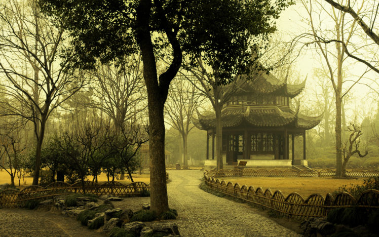 trees, Architecture, Fog, Mist, Asia, Oriental, Parks HD Wallpaper Desktop Background