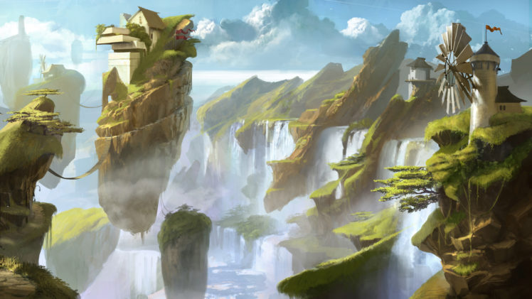 islands, Floating, Drawing, Windmill, Waterfall, Landscape, Magical HD Wallpaper Desktop Background
