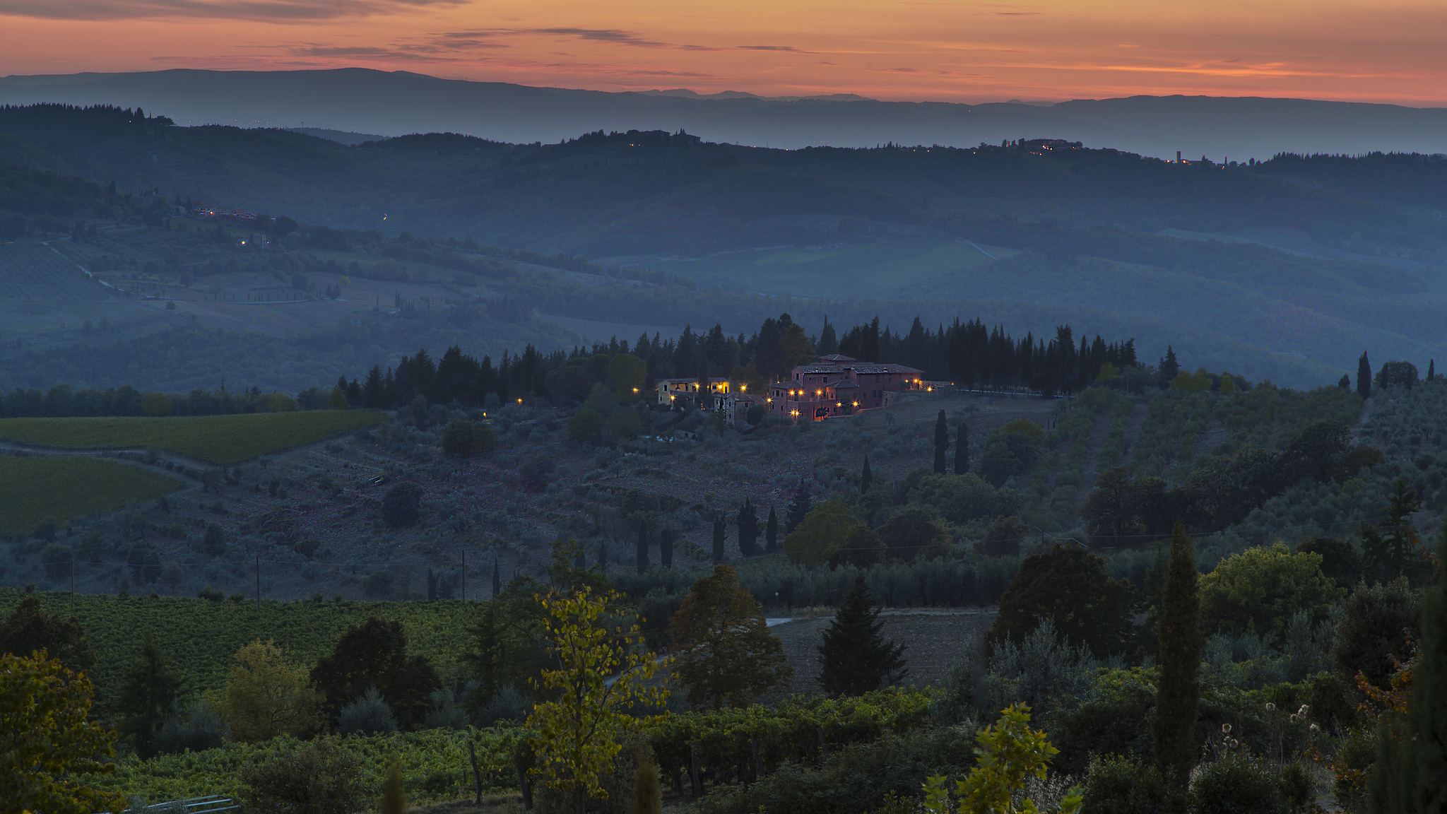 italy, Hills, Fields, Trees, Houses, Lights, Evening, Dusk, Sunset Wallpaper